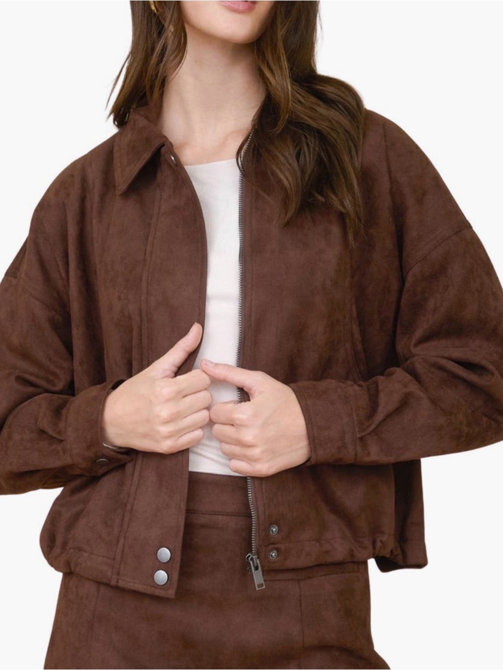 Blu Pepper Chocolate Brown Suede-Look Bomber Jacket L 8/10